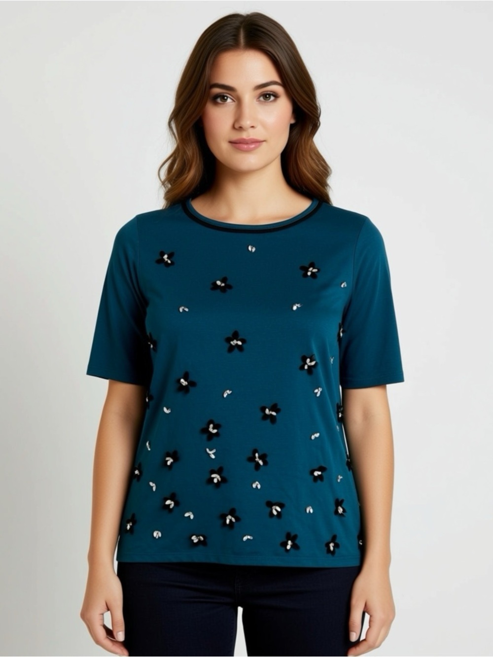 Ann Taylor Embellished Teal Top Sequin Floral Womens Size XL Cotton